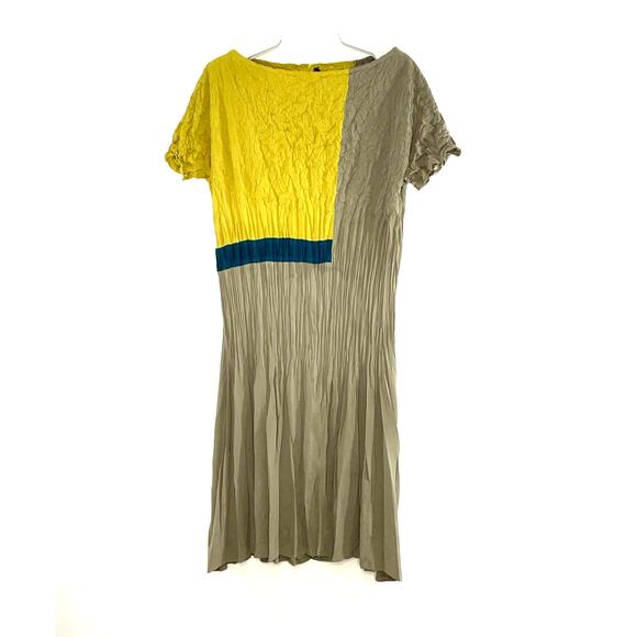Babette Green Yellow Color Blocked Crinkled Pullover Dress Size Small - Picture 1 of 9